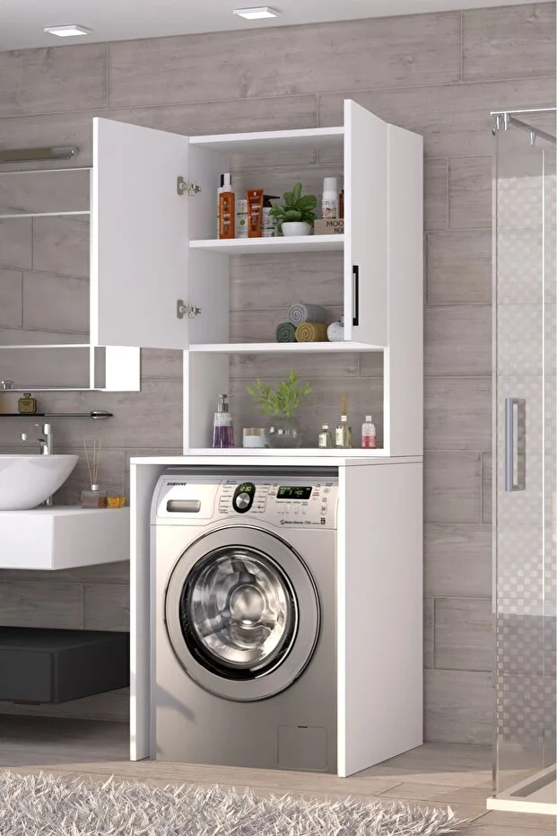 Üst Dolaplı Çok Amaçlı Çamaşır Makinesi Banyo Dolabı Beyaz